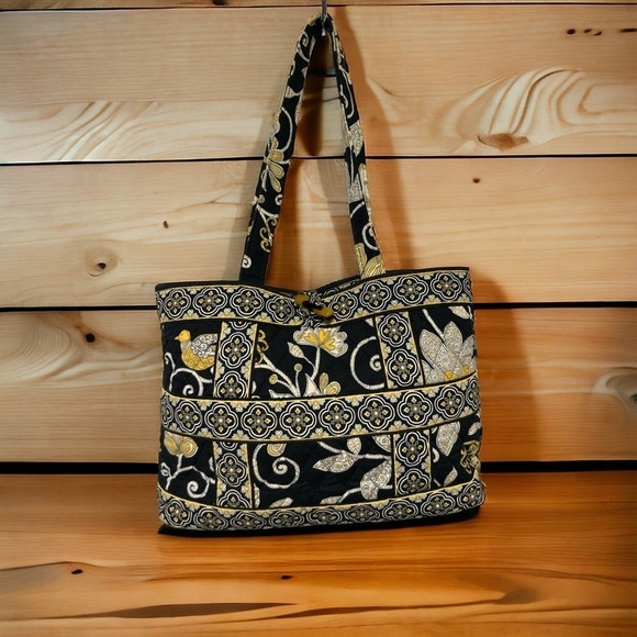 Vera Bradley Yellow Bird Tote Bag Retired Pattern Black Yellow Quilted Bag Purse - Picture 1 of 11